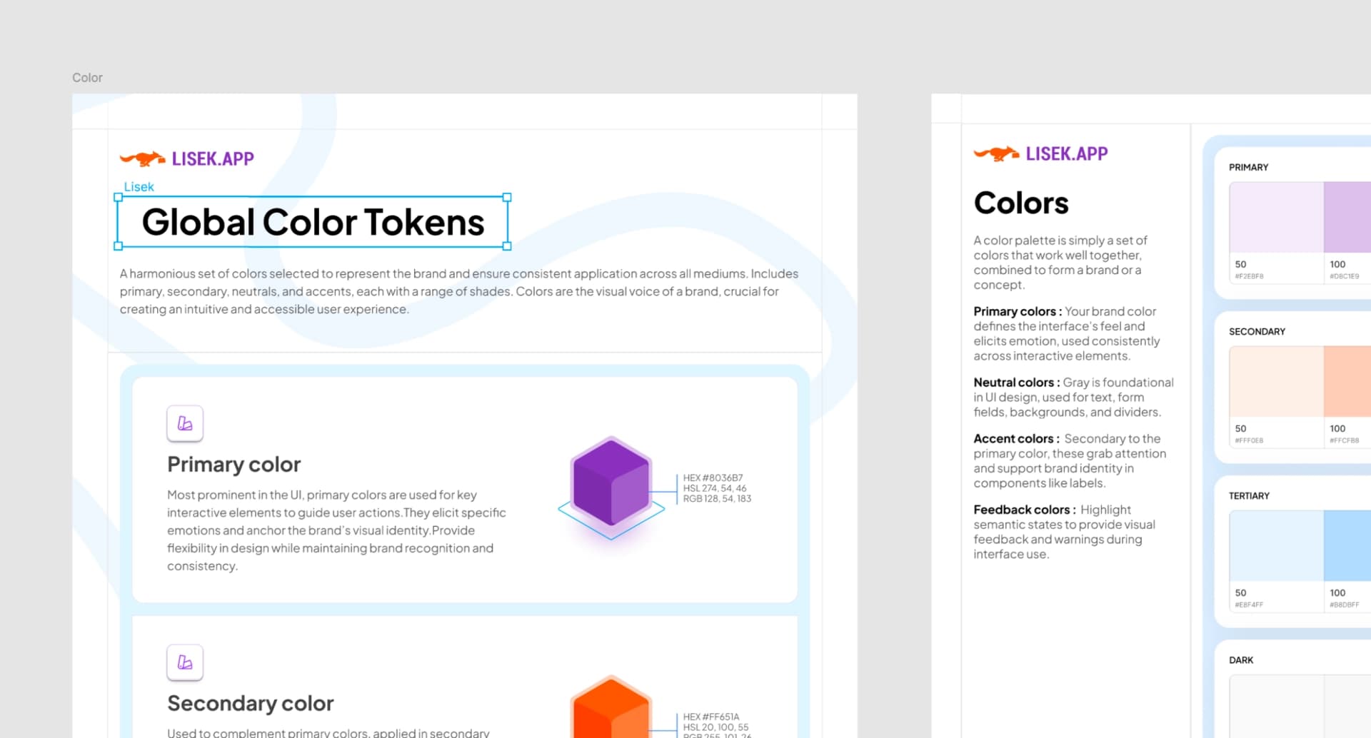 Lisek design system — global color tokens and color palette